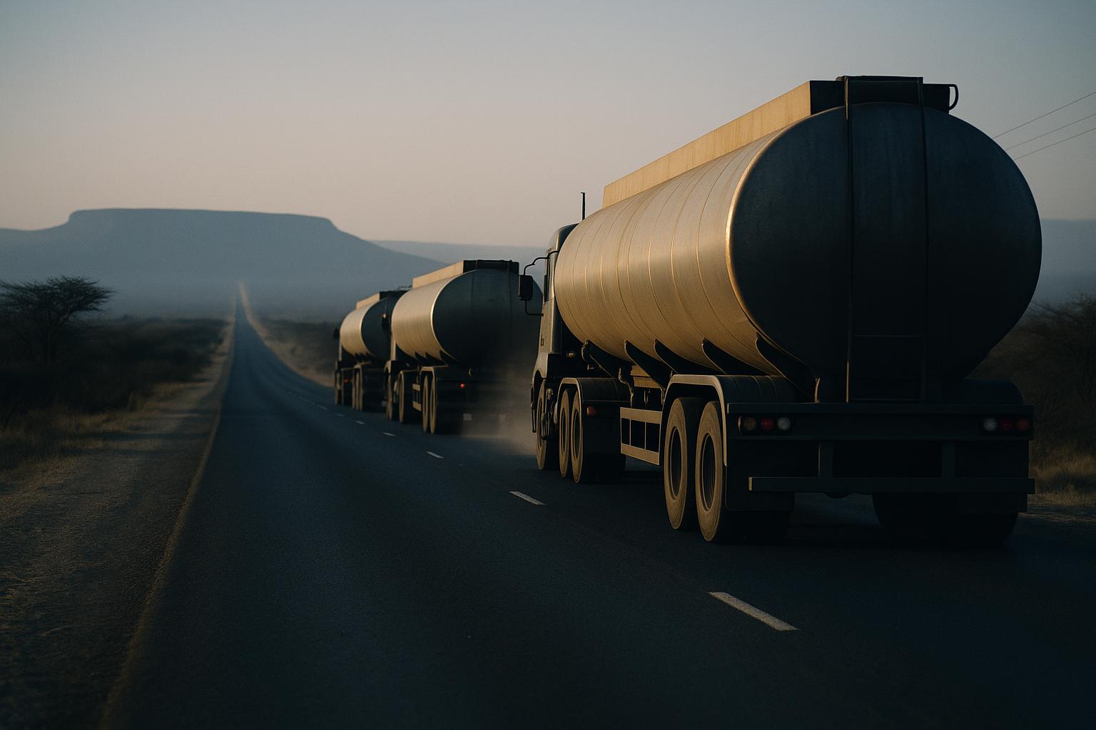 Fuel tankers in convoy on a highway at golden hour
