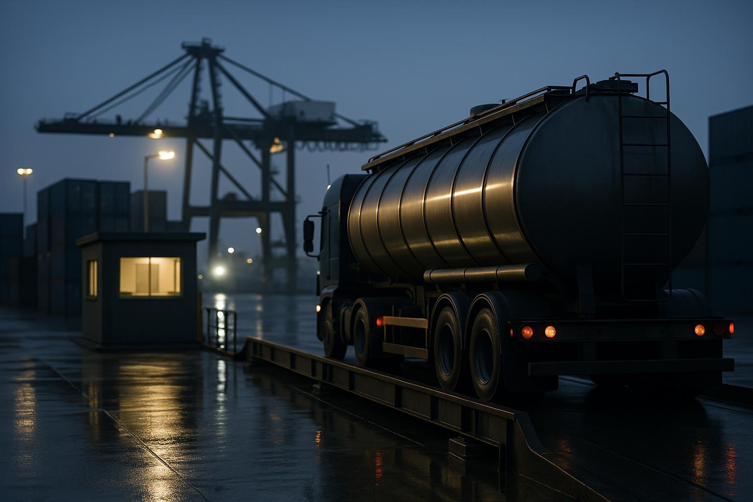 A tanker on a weighbridge at a port fuel terminal at dusk